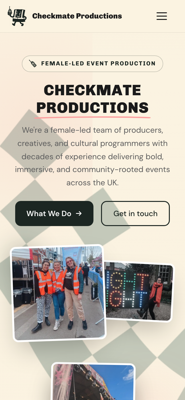 Checkmate Productions homepage on mobile