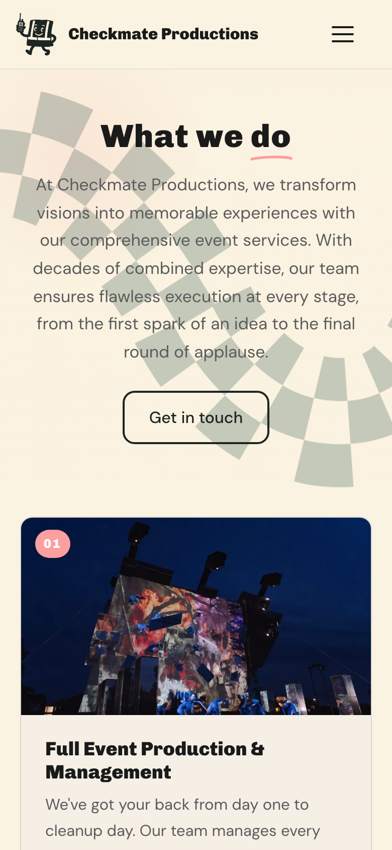 Checkmate Productions What We Do page on mobile