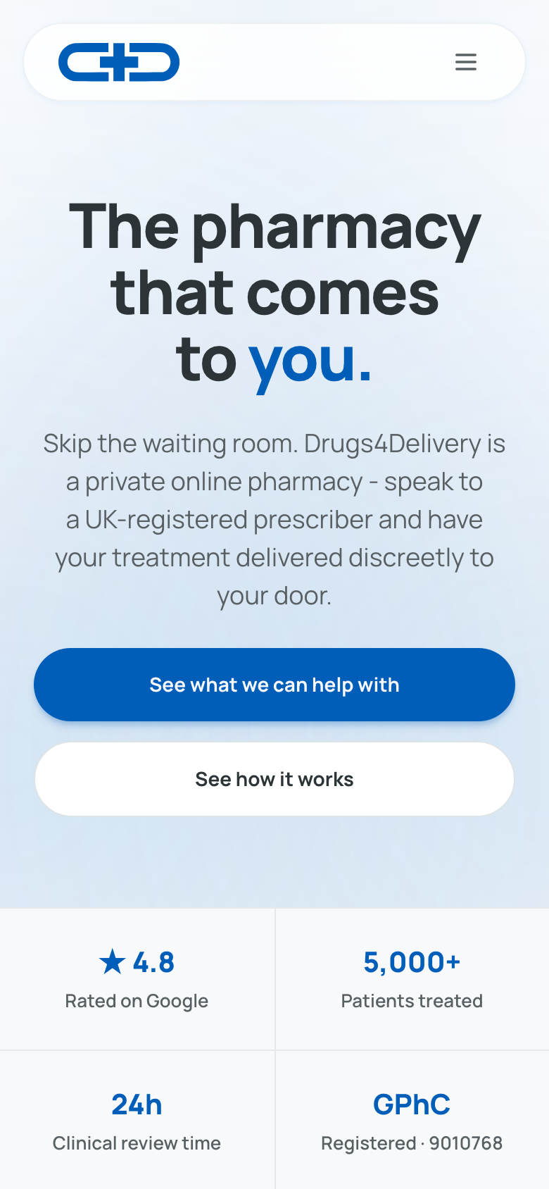 Drugs4Delivery homepage on mobile