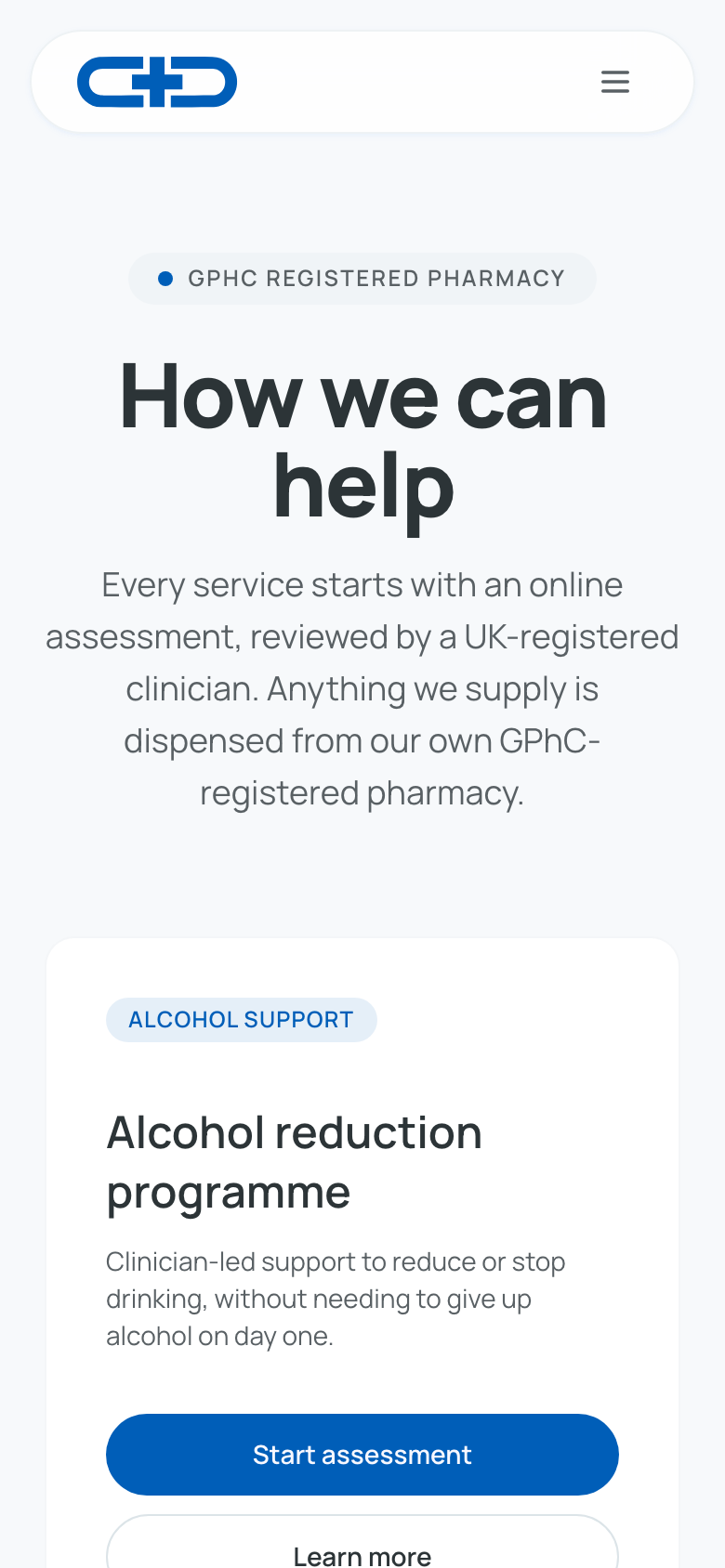 Drugs4Delivery treatments page on mobile